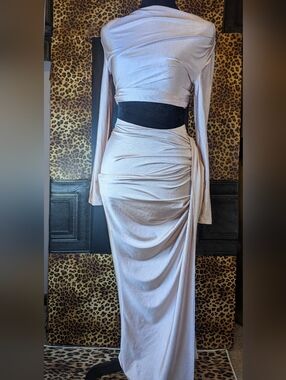 Long Sleeve Crop And Ruched Maxi Skirt in Blush Pink XS New